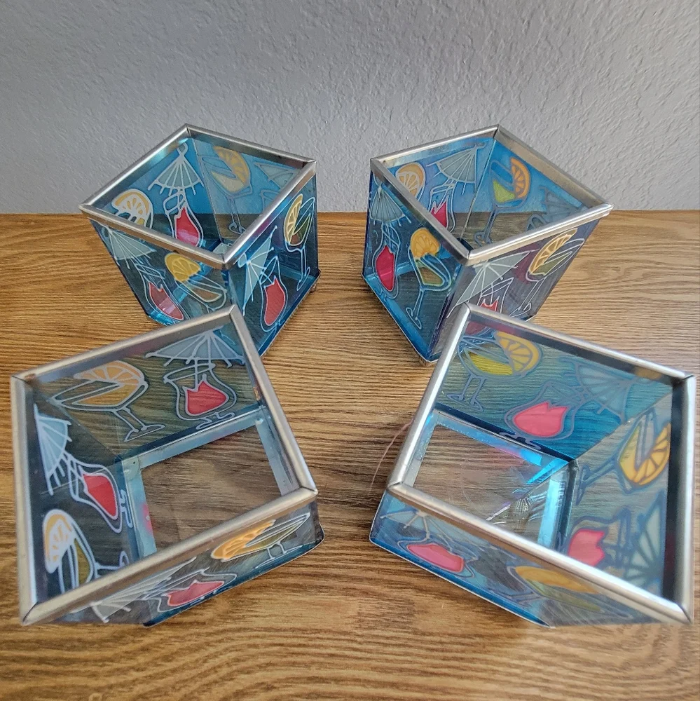 Set of 4 Summer-Themed Cocktail Blue Glass Candle Holders